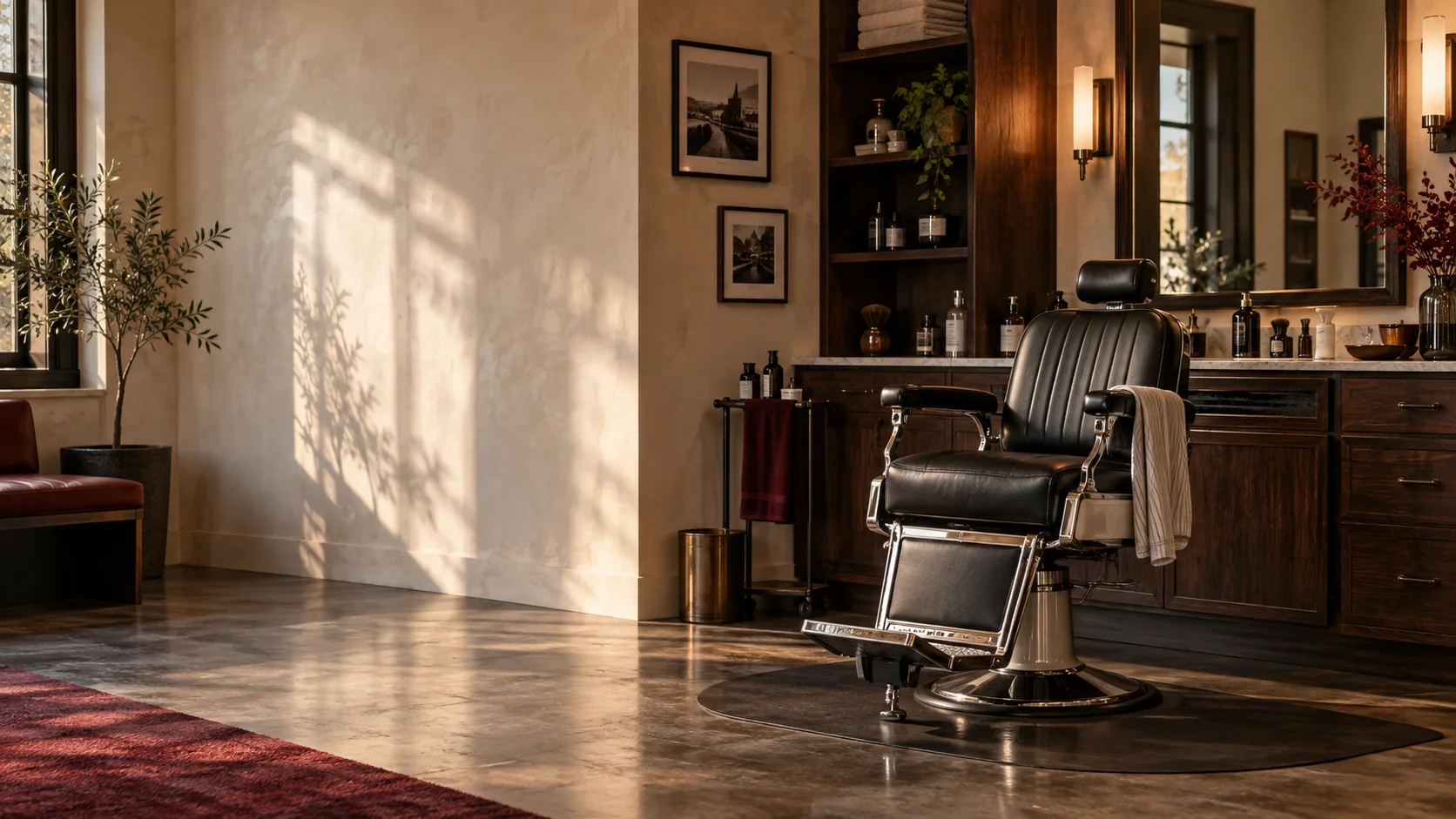 Cadeira clássica e espelhos no interior de uma barbearia de madeira escura