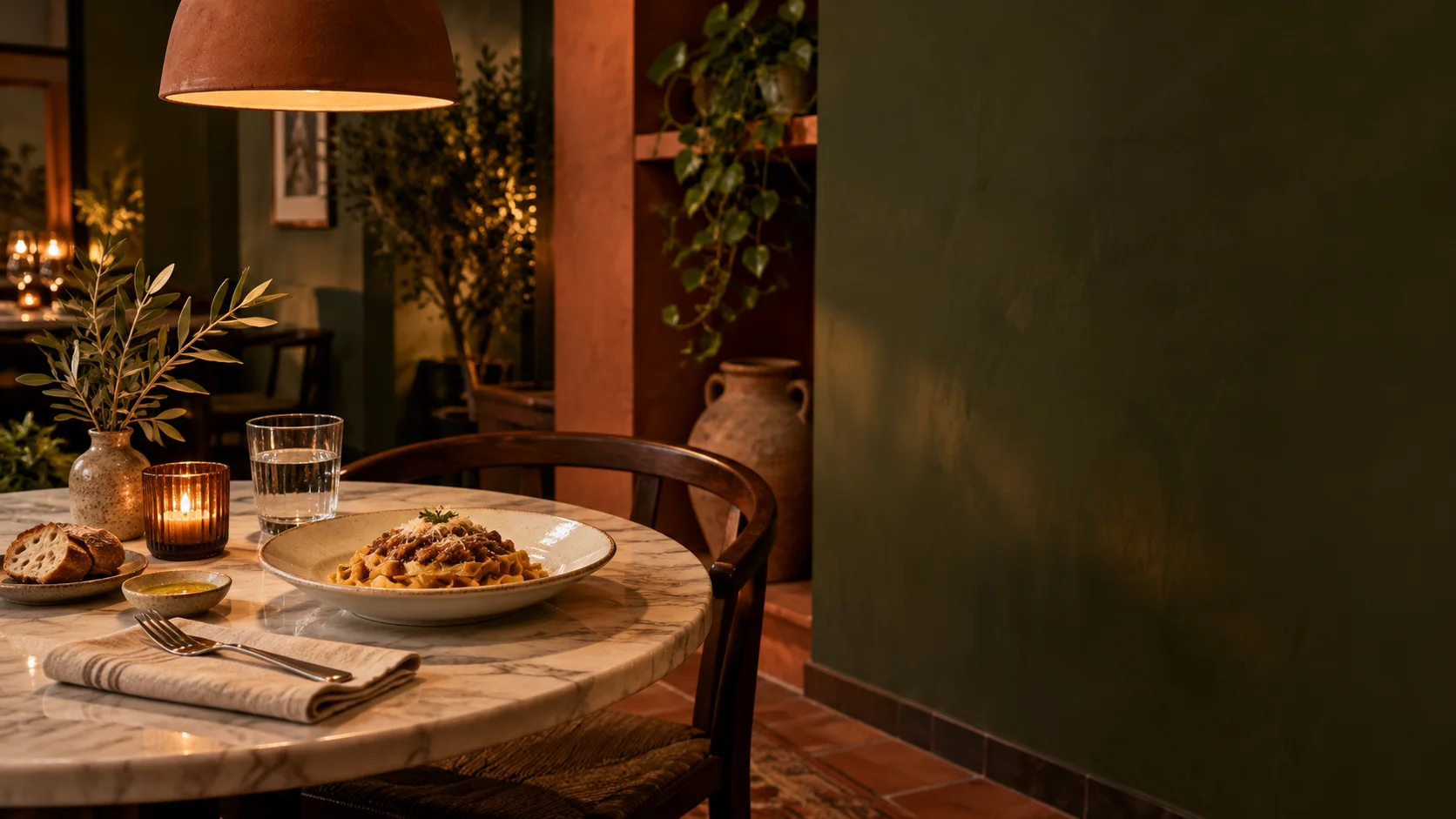 Massa artesanal servida com vinho e pão à luz de uma mesa acolhedora